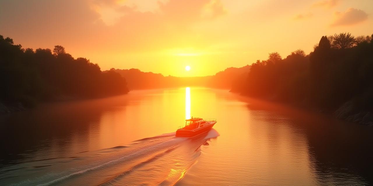 Tramonto suggestivo sul fiume Po con una piccola imbarcazione di lusso